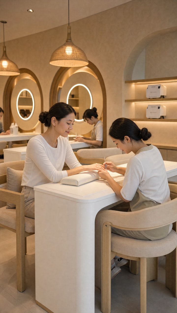A nail desk under ring-lit mirrors, from our campaign