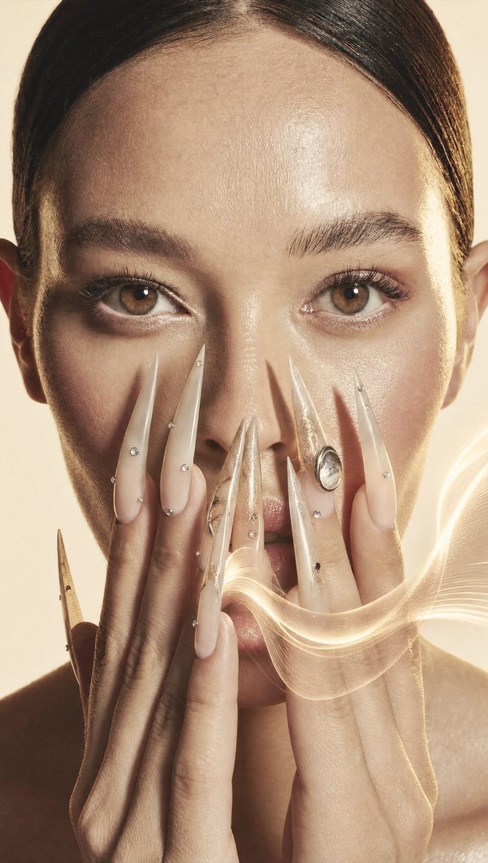 Campaign portrait: long nude crystal stiletto nails framing a face