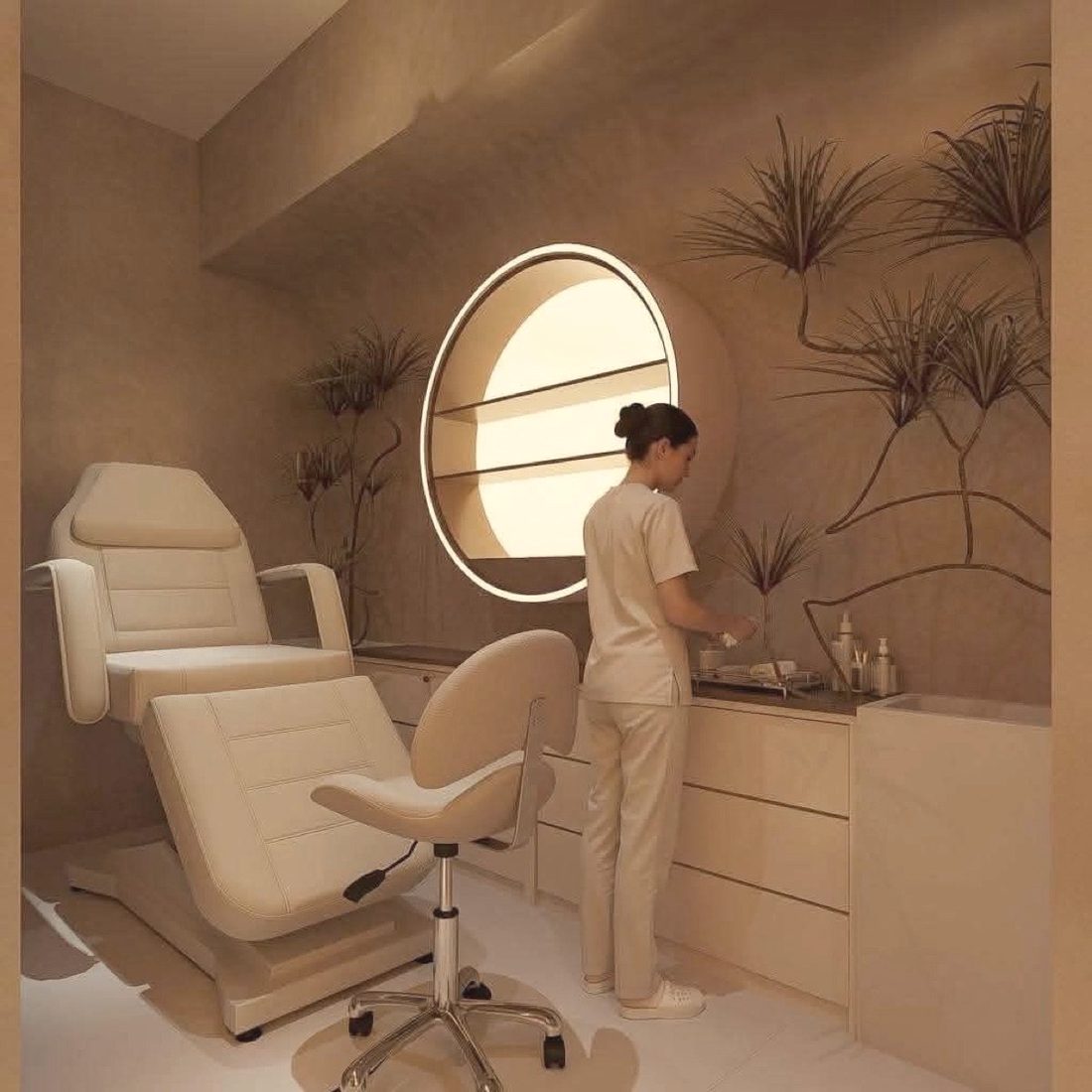A private beauty room with a round lit window and a treatment bed