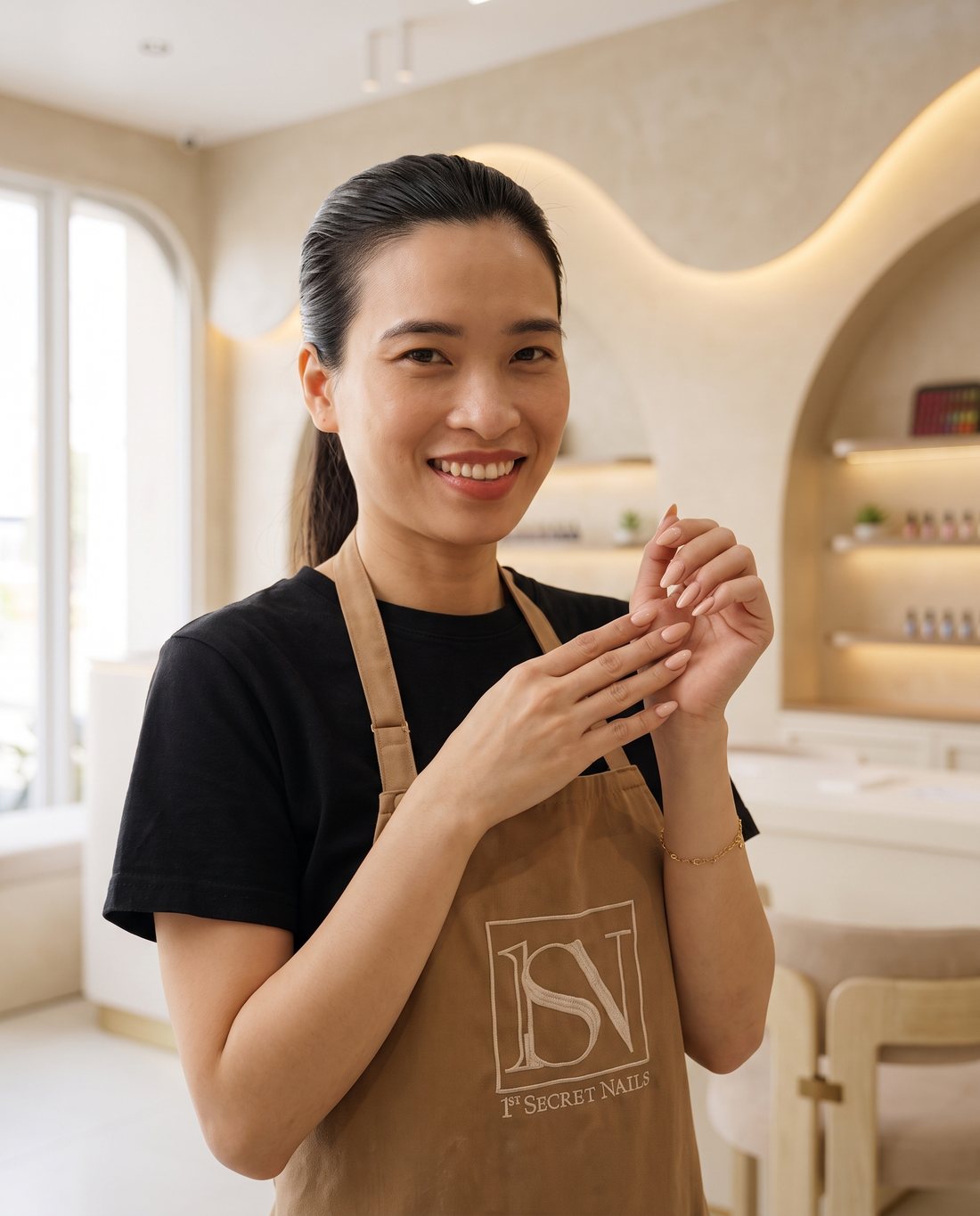 Leanne smiling by the lit wave wall in the salon, showing her nails